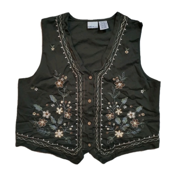 Bobbie Brooks Jackets & Blazers - Bobbie Brooks Green Embroidered Floral Cotton Vest Large Cottagecore VTG 90s Mom